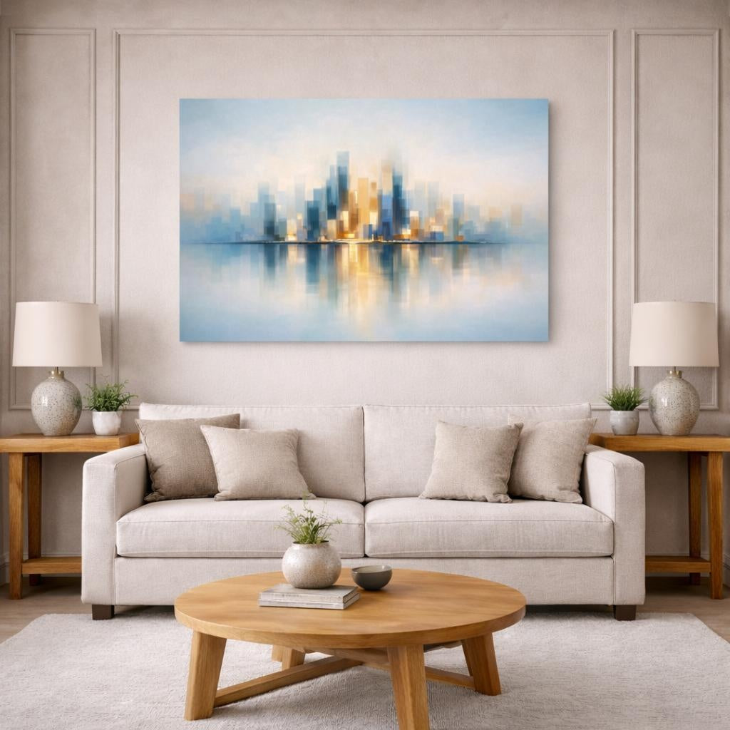 Contemporary Abstract Skyline Reflection shown as canvas wall art in a modern living room