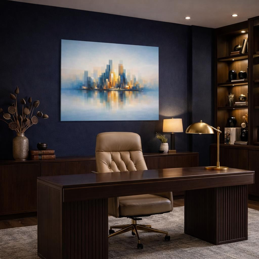 Contemporary Abstract Skyline Reflection shown as canvas wall art in a luxury executive office