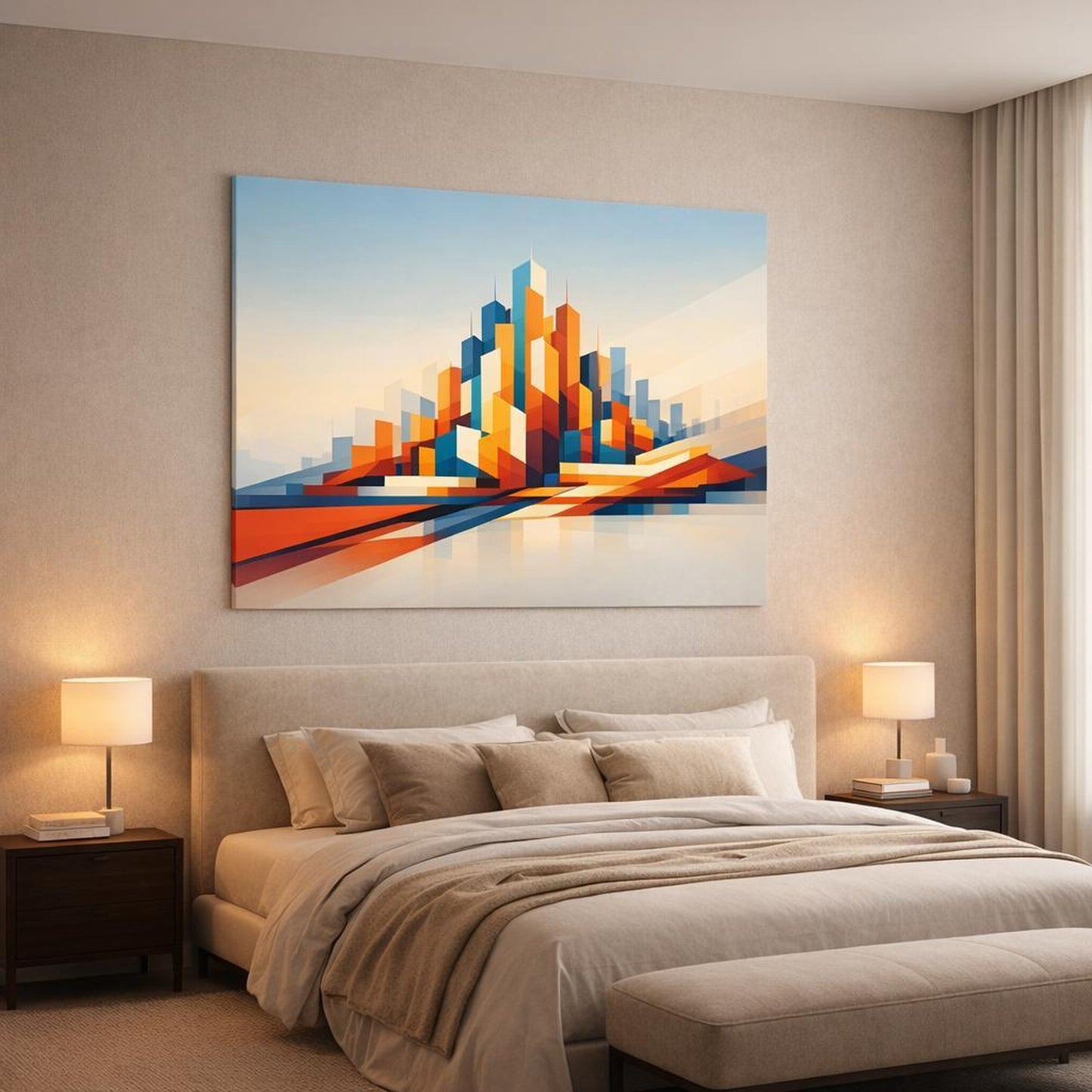 Contemporary Abstract Urban Skyline shown as canvas wall art in a luxury bedroom