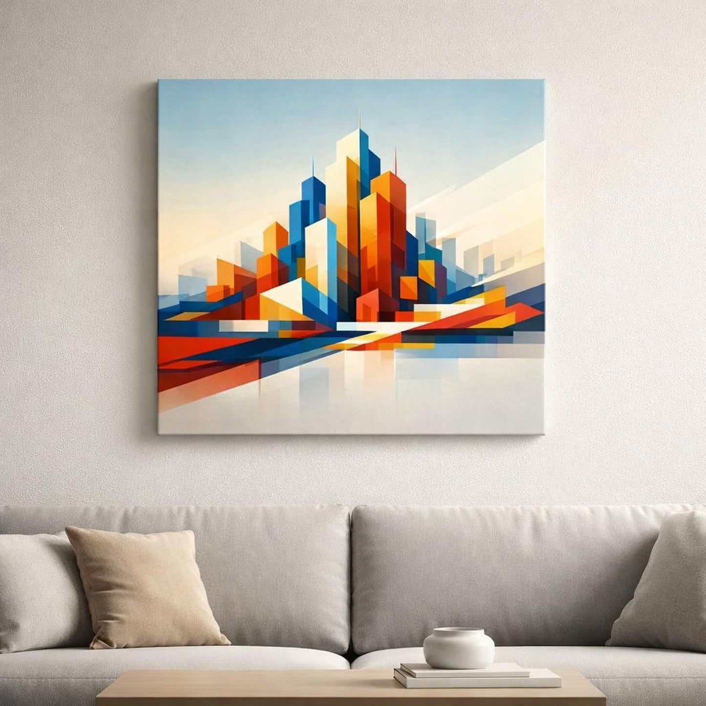 Contemporary Abstract Urban Skyline shown as canvas wall art in a luxury executive office