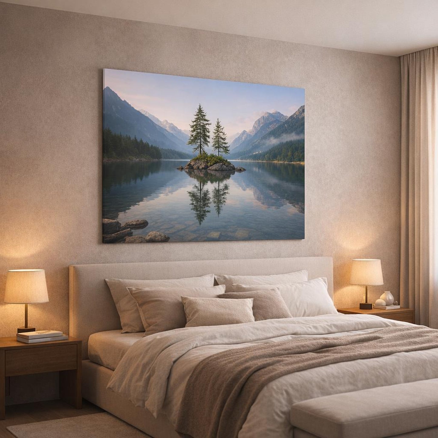 Contemporary Alpine Lake shown as canvas wall art in a luxury bedroom