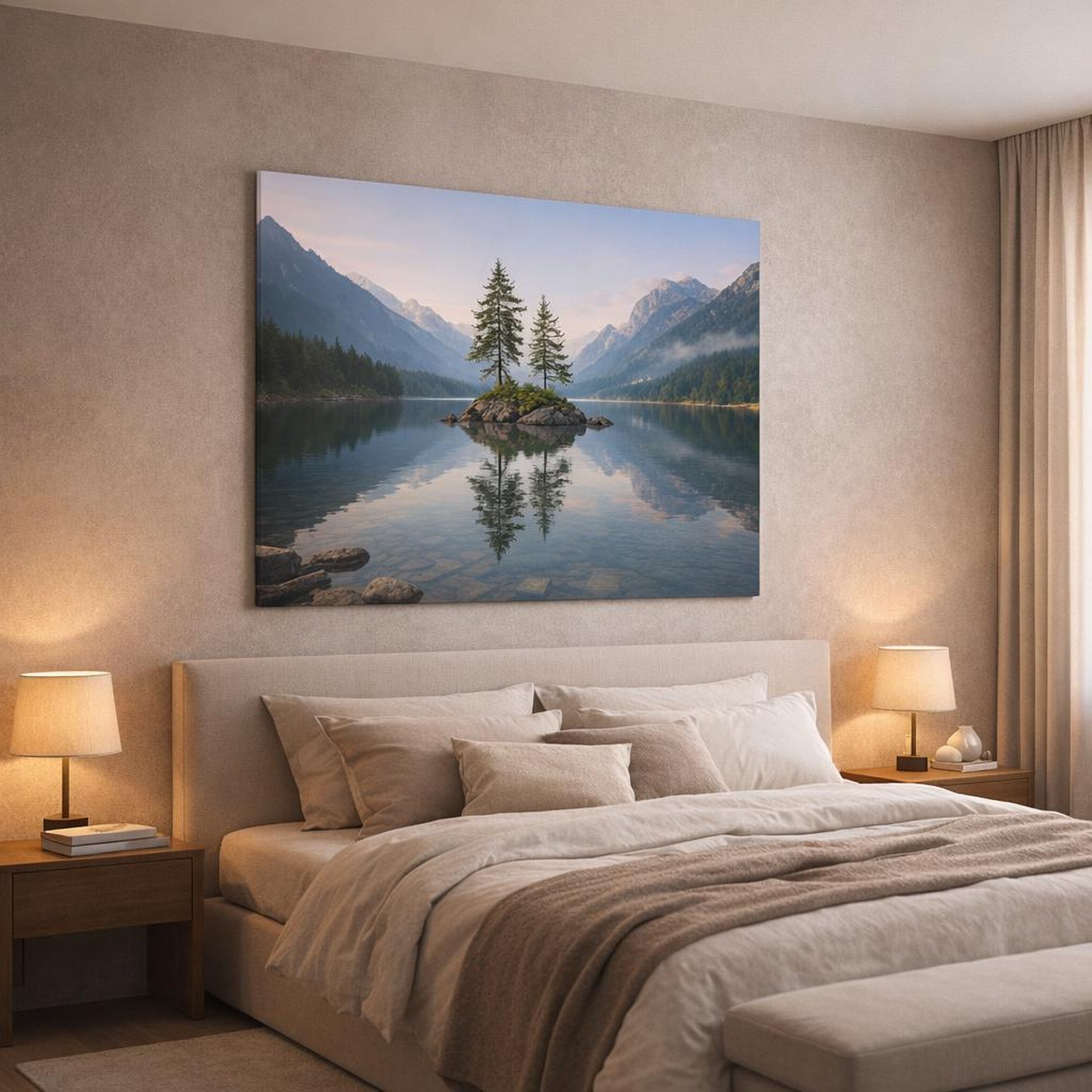 Contemporary Alpine Lake shown as canvas wall art in a luxury bedroom
