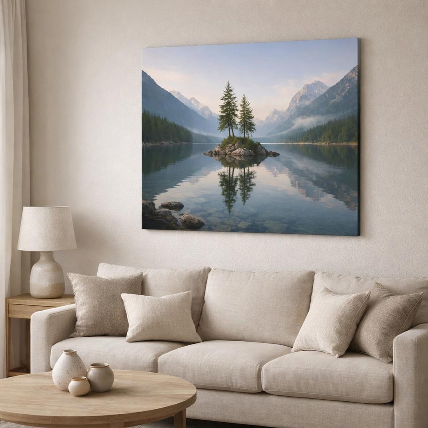 Contemporary Alpine Lake shown as canvas wall art in a modern living room