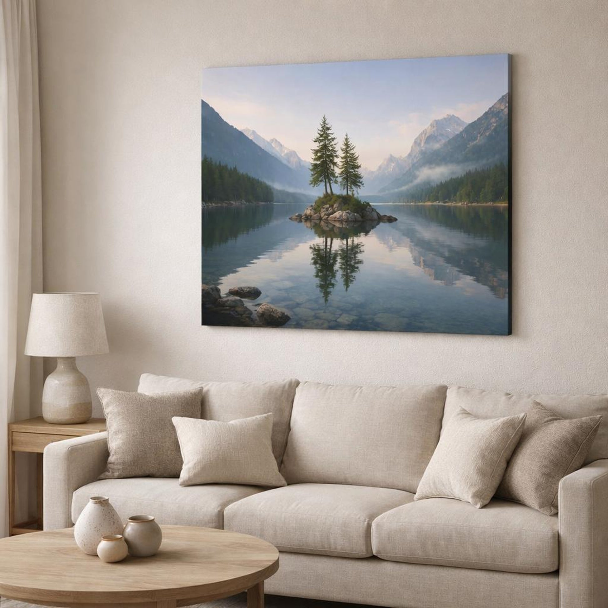 Contemporary Alpine Lake shown as canvas wall art in a modern living room
