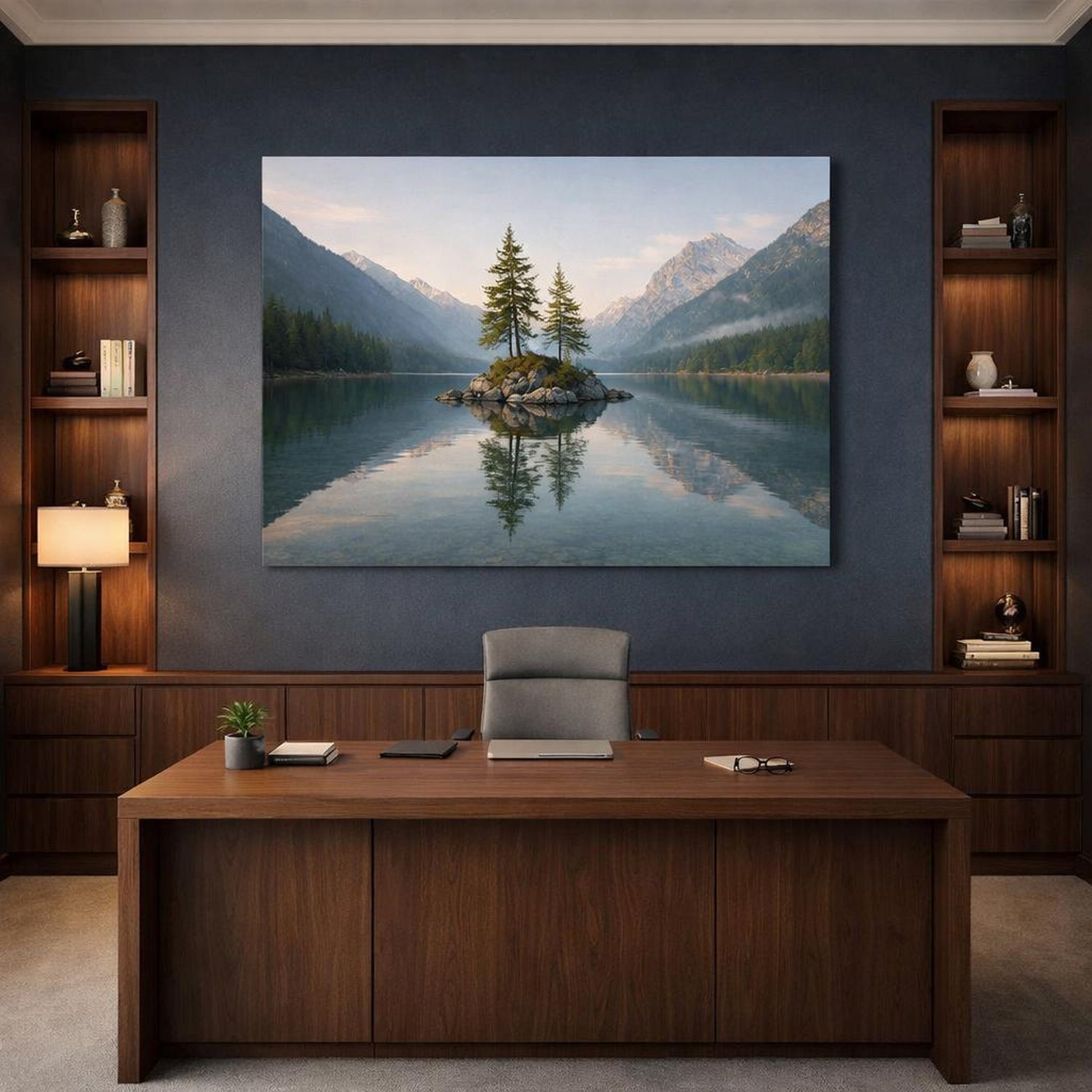 Contemporary Alpine Lake shown as canvas wall art in a refined dining room