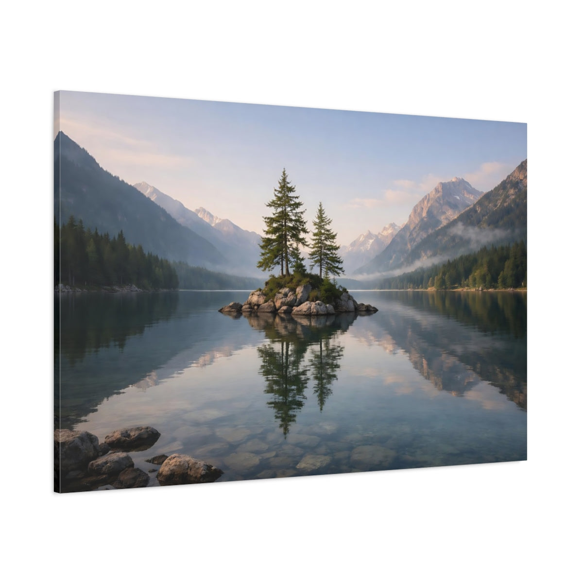 Contemporary Alpine Lake shown as stretched canvas wall art