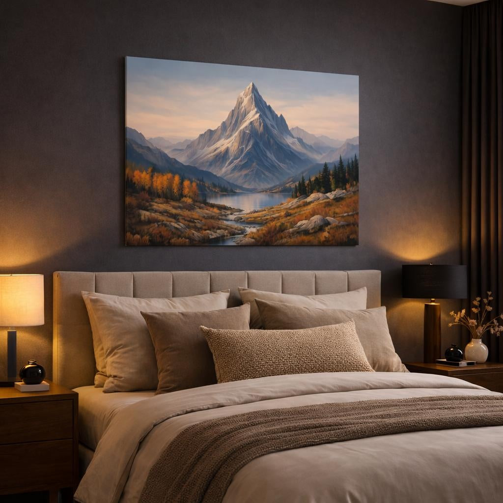 Contemporary Autumn Mountains shown as canvas wall art in a luxury bedroom