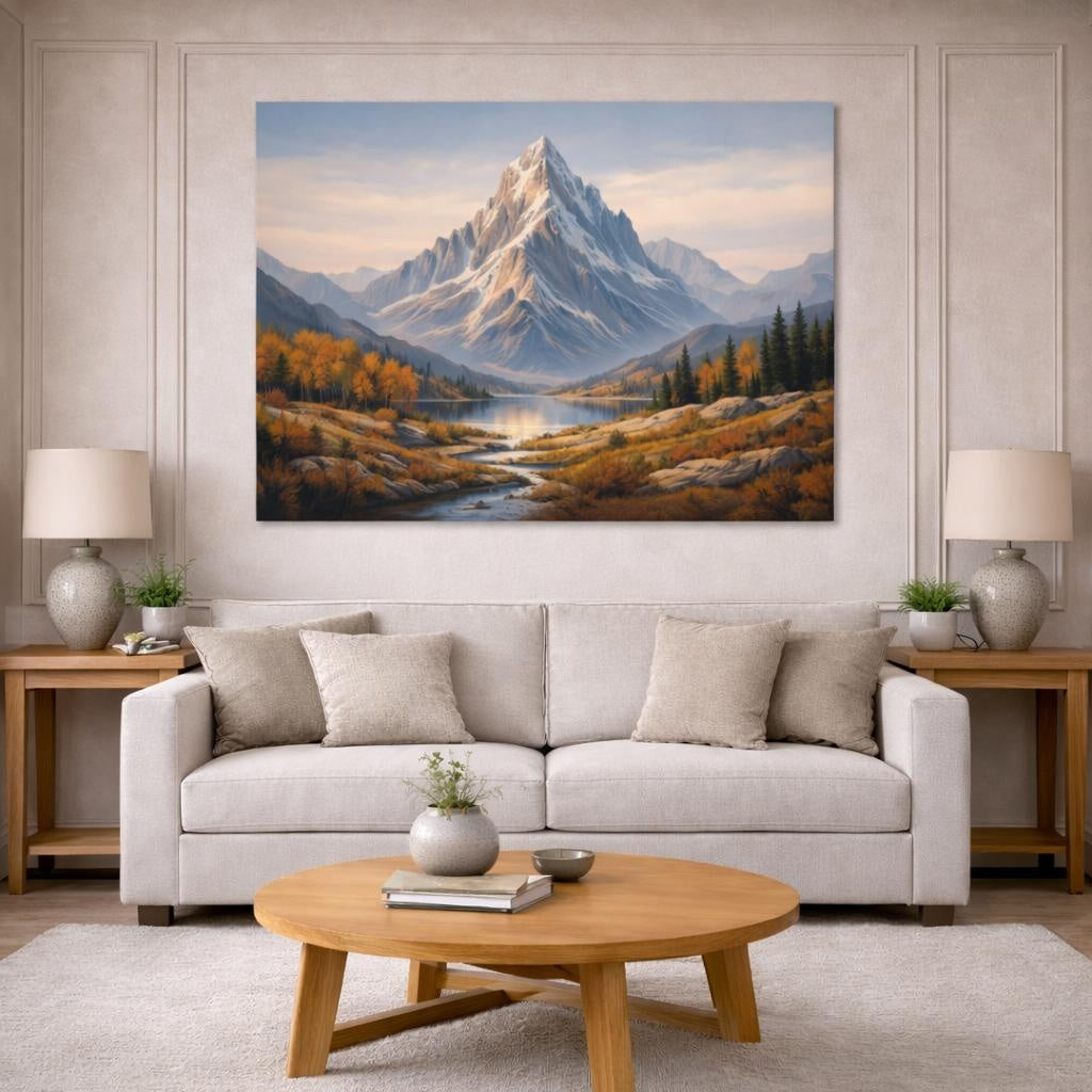 Contemporary Autumn Mountains shown as canvas wall art in a modern living room