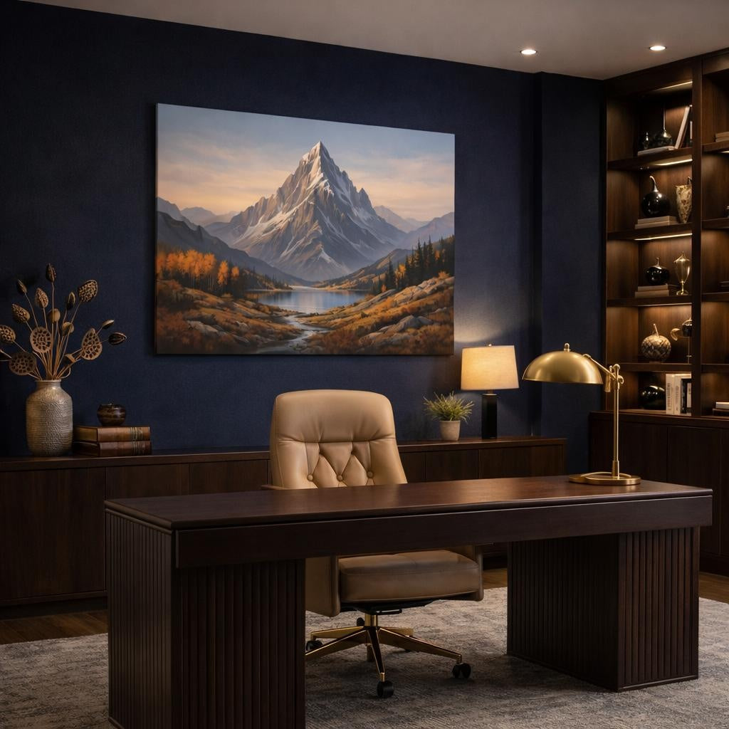 Contemporary Autumn Mountains shown as canvas wall art in a refined dining room