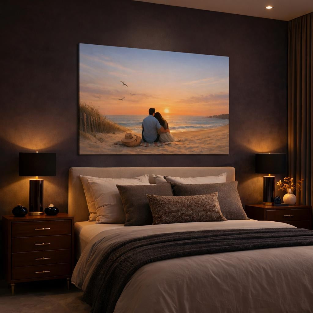 Contemporary Beach Sunset shown as canvas wall art in a luxury bedroom