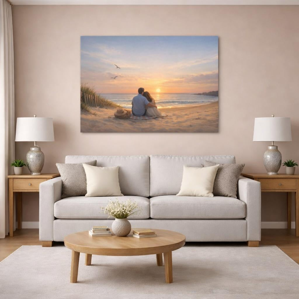 Contemporary Beach Sunset shown as canvas wall art in a modern living room