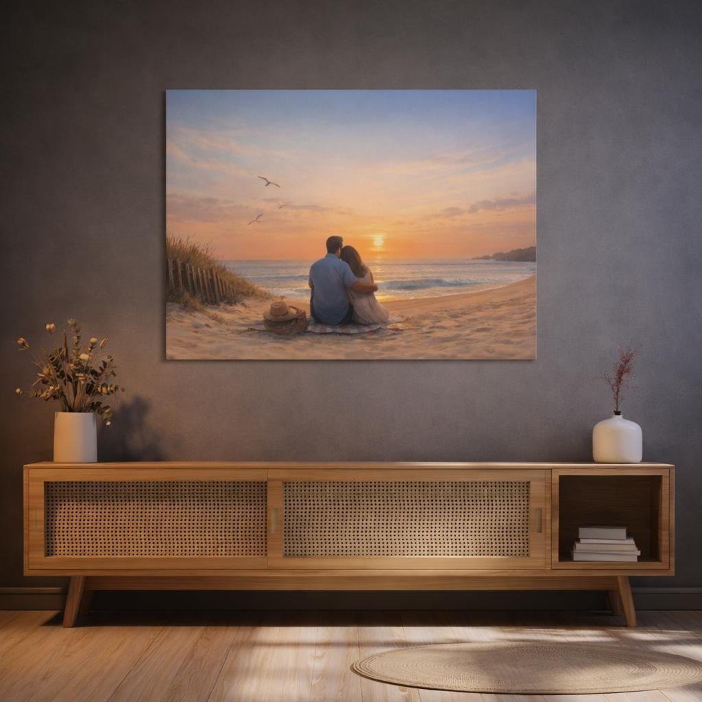 Contemporary Beach Sunset shown as canvas wall art in a refined dining room