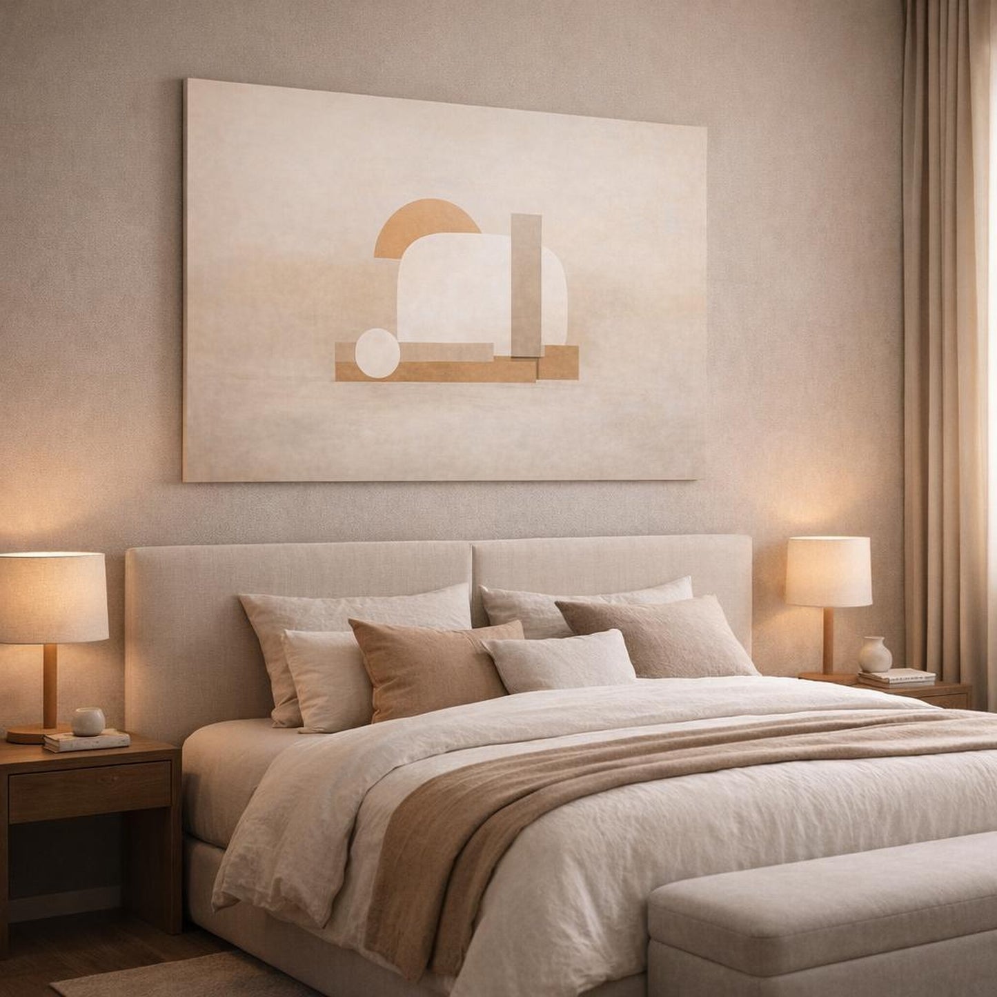 Contemporary Beige Abstract shown as canvas wall art in a luxury bedroom