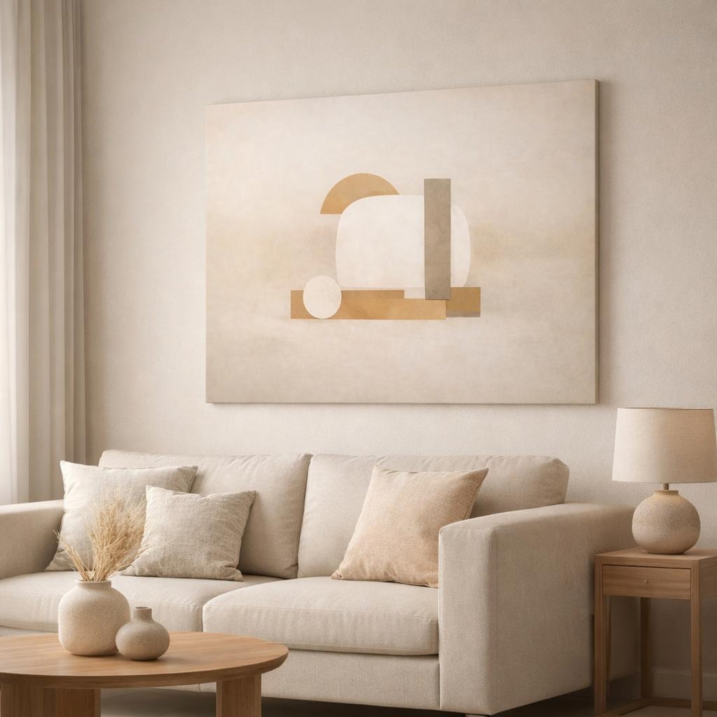 Contemporary Beige Abstract shown as canvas wall art in a modern living room