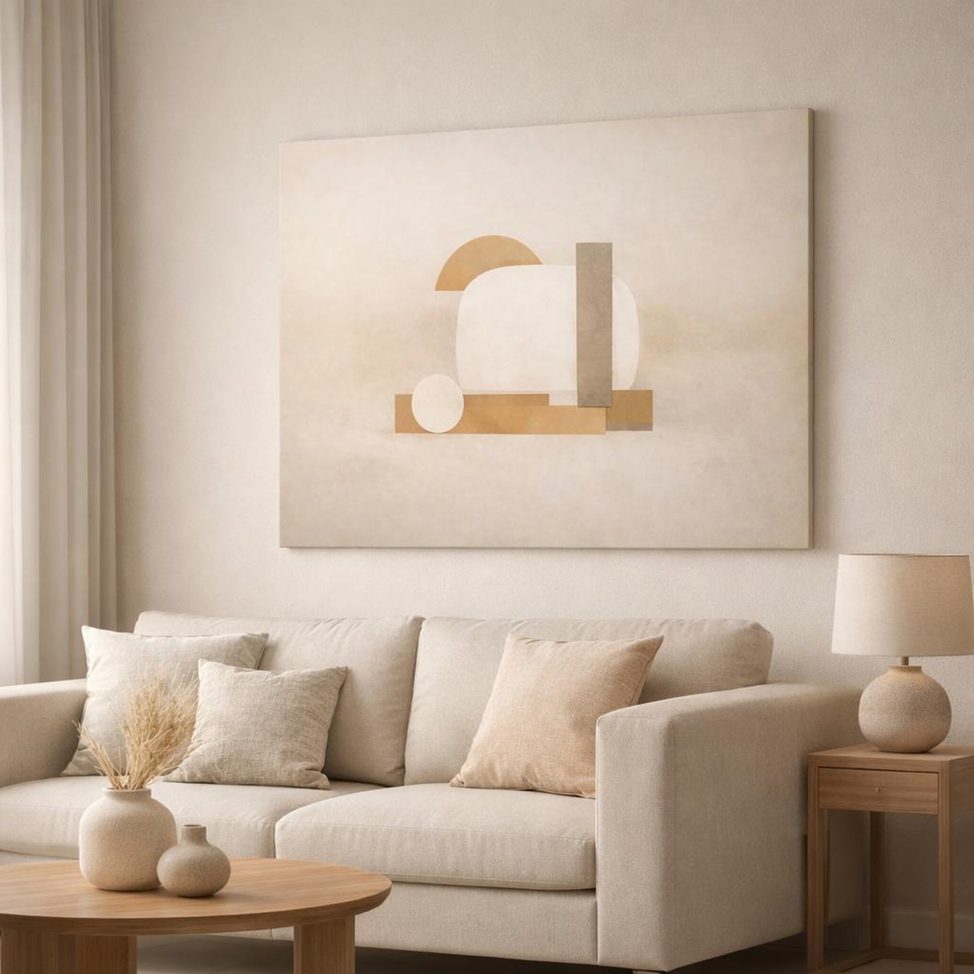 Contemporary Beige Abstract shown as canvas wall art in a modern living room