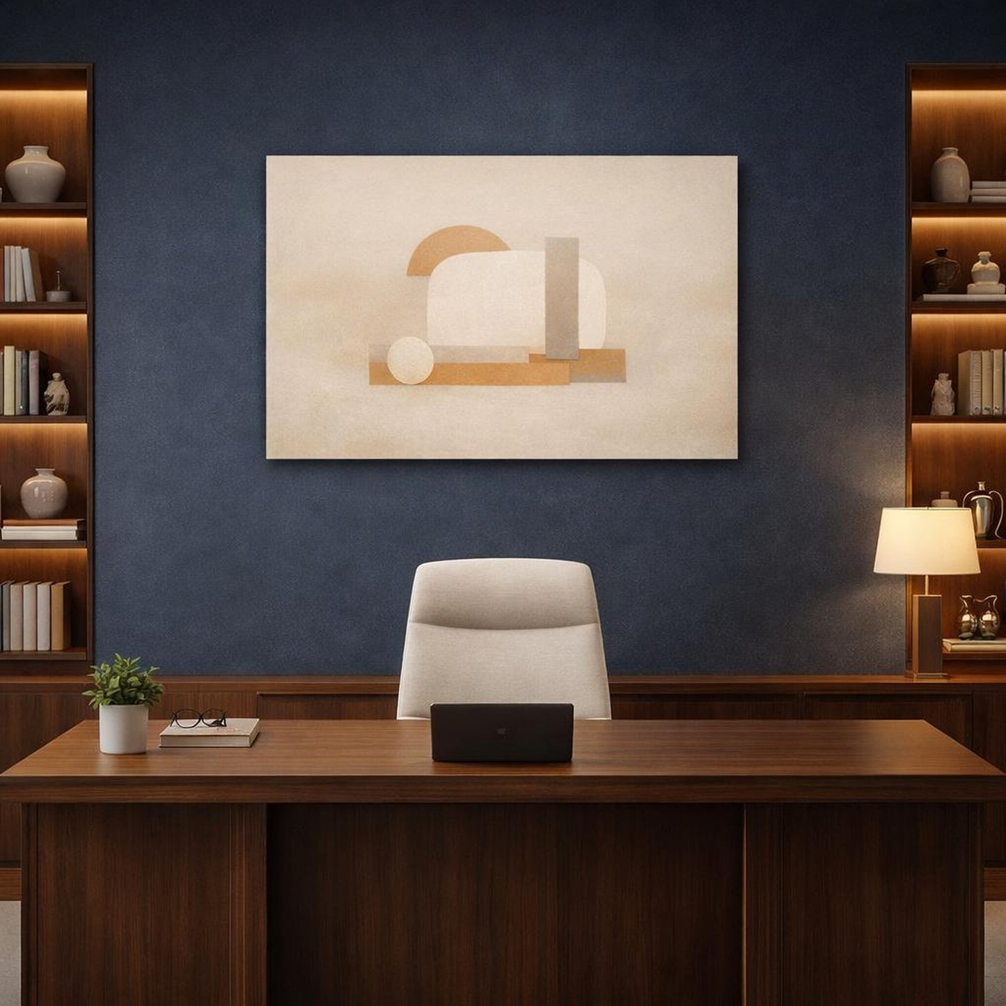 Contemporary Beige Abstract shown as canvas wall art in a luxury executive office