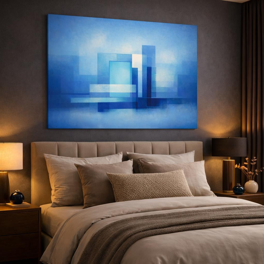Contemporary Blue Urban Abstract shown as canvas wall art in a luxury bedroom