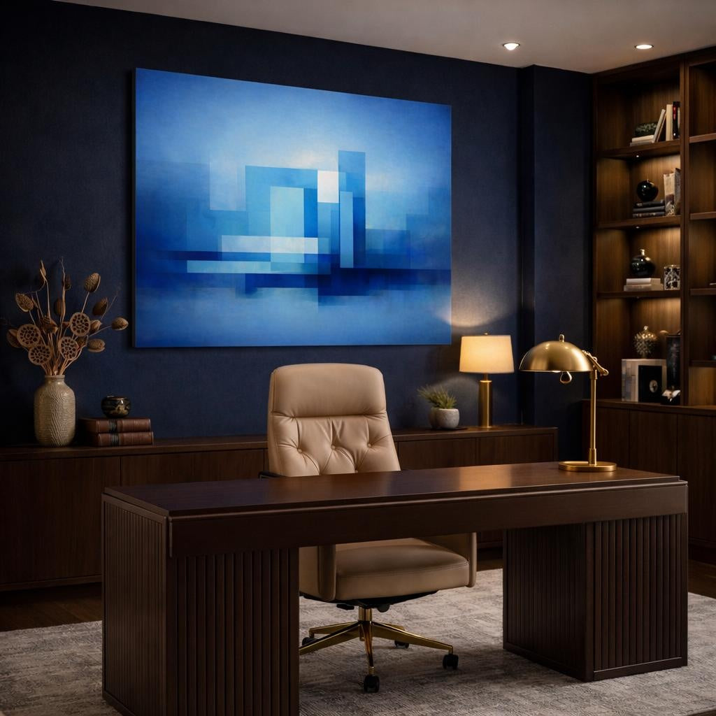 Contemporary Blue Urban Abstract shown as canvas wall art in a luxury executive office