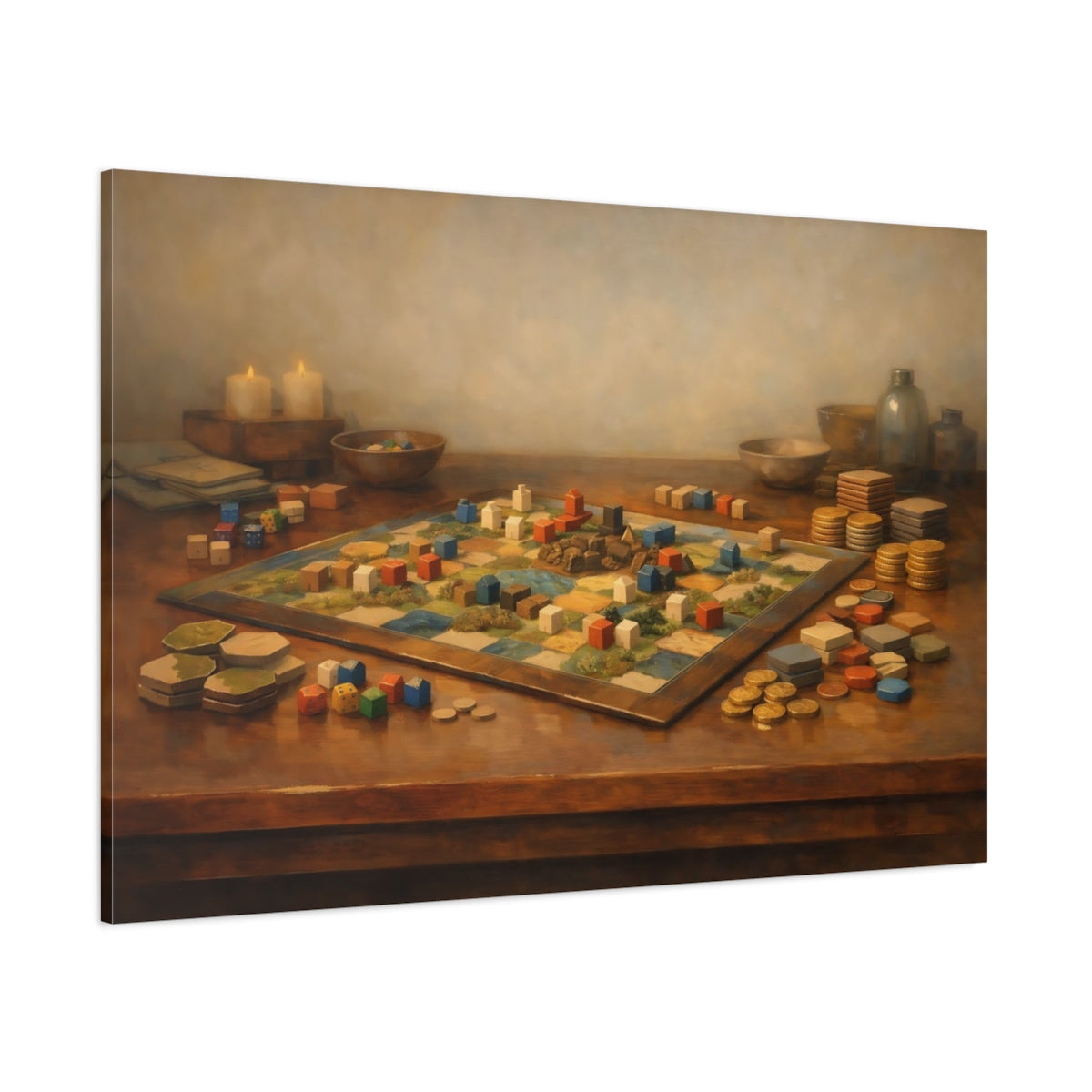 Main Mockup. Contemporary Board Game Table Aesthetic Scene shown as stretched canvas wall art