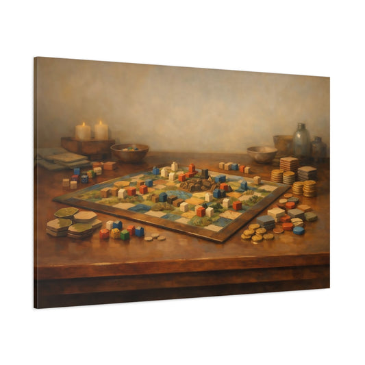 Main Mockup. Contemporary Board Game Table Aesthetic Scene shown as stretched canvas wall art