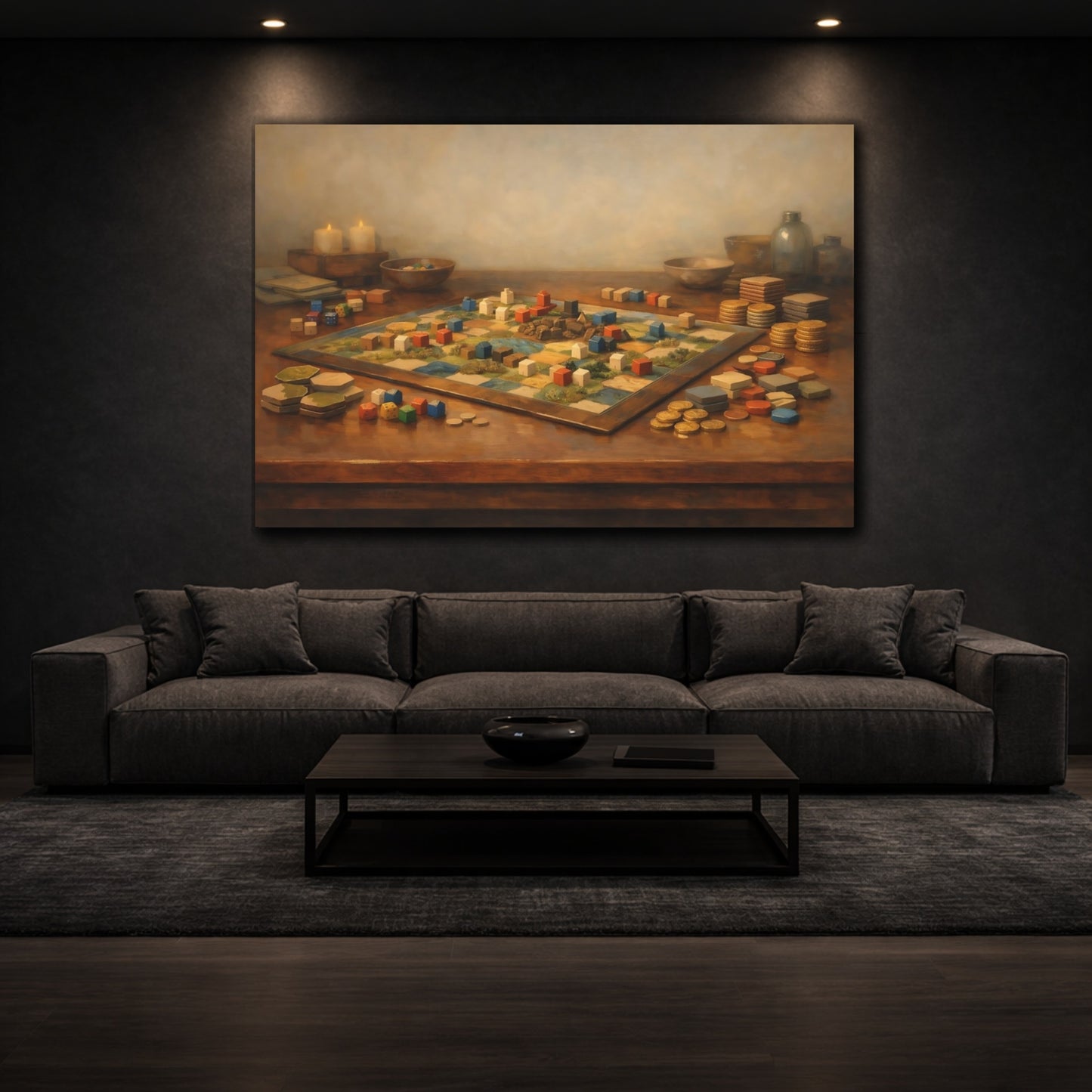 Mockup 2. Contemporary Board Game Table Aesthetic Scene shown as stretched canvas wall art