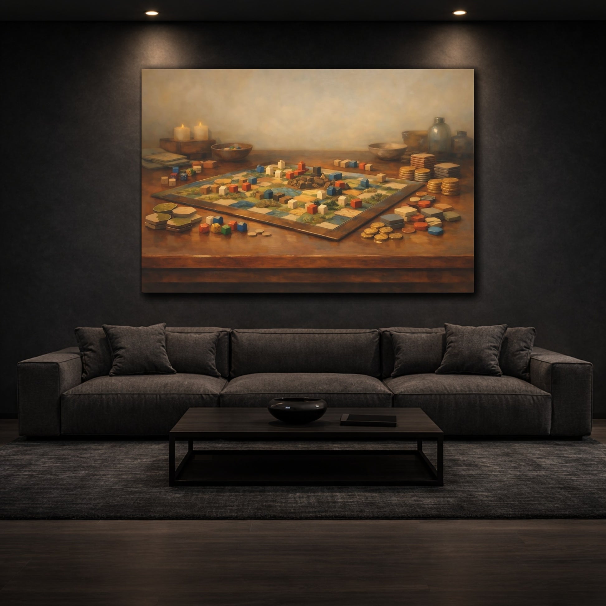 Mockup 2. Contemporary Board Game Table Aesthetic Scene shown as stretched canvas wall art