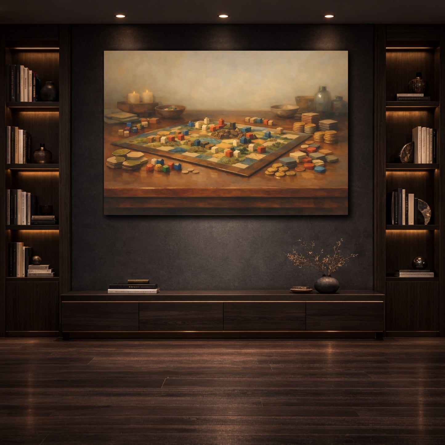 Mockup 3. Contemporary Board Game Table Aesthetic Scene shown as stretched canvas wall art