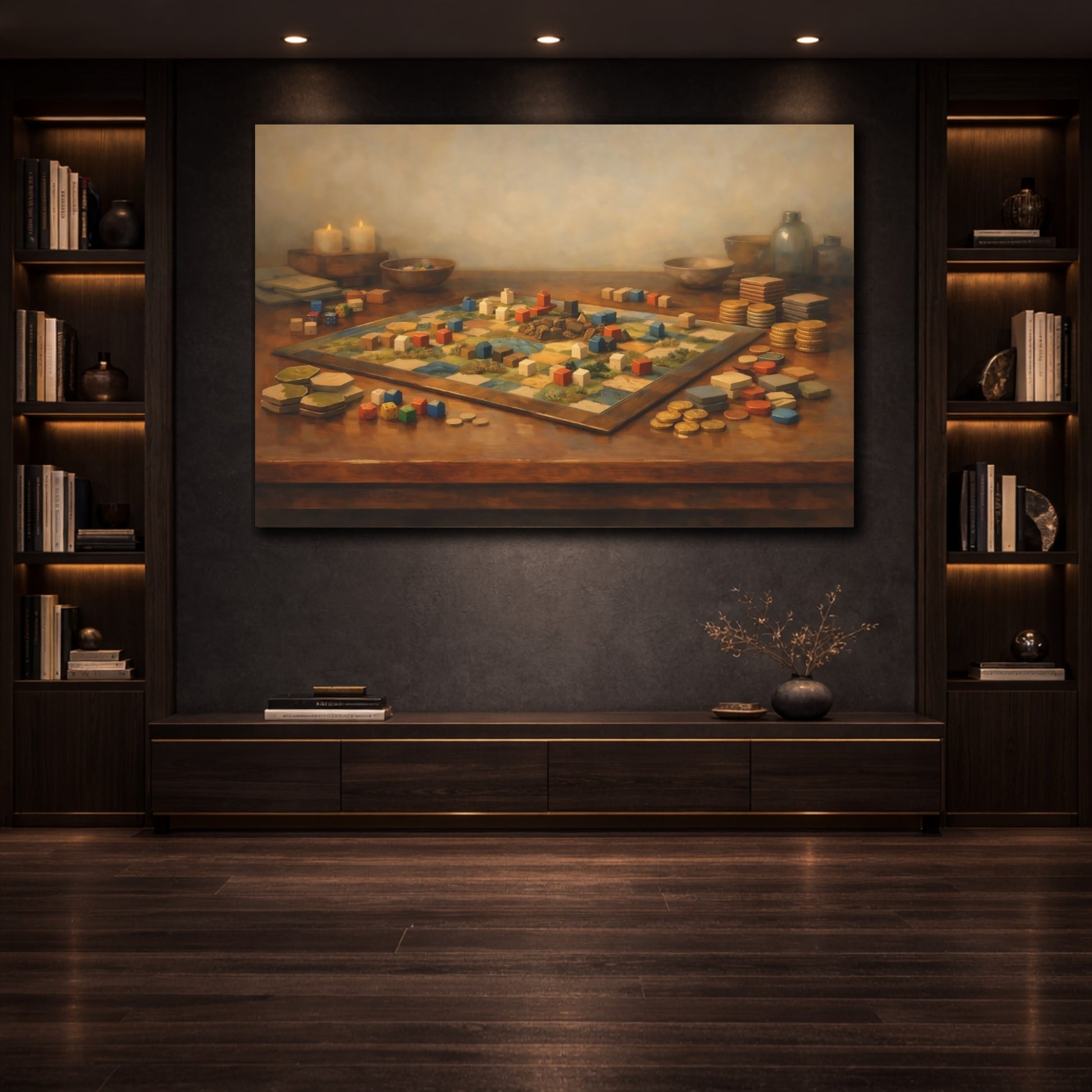 Mockup 3. Contemporary Board Game Table Aesthetic Scene shown as stretched canvas wall art
