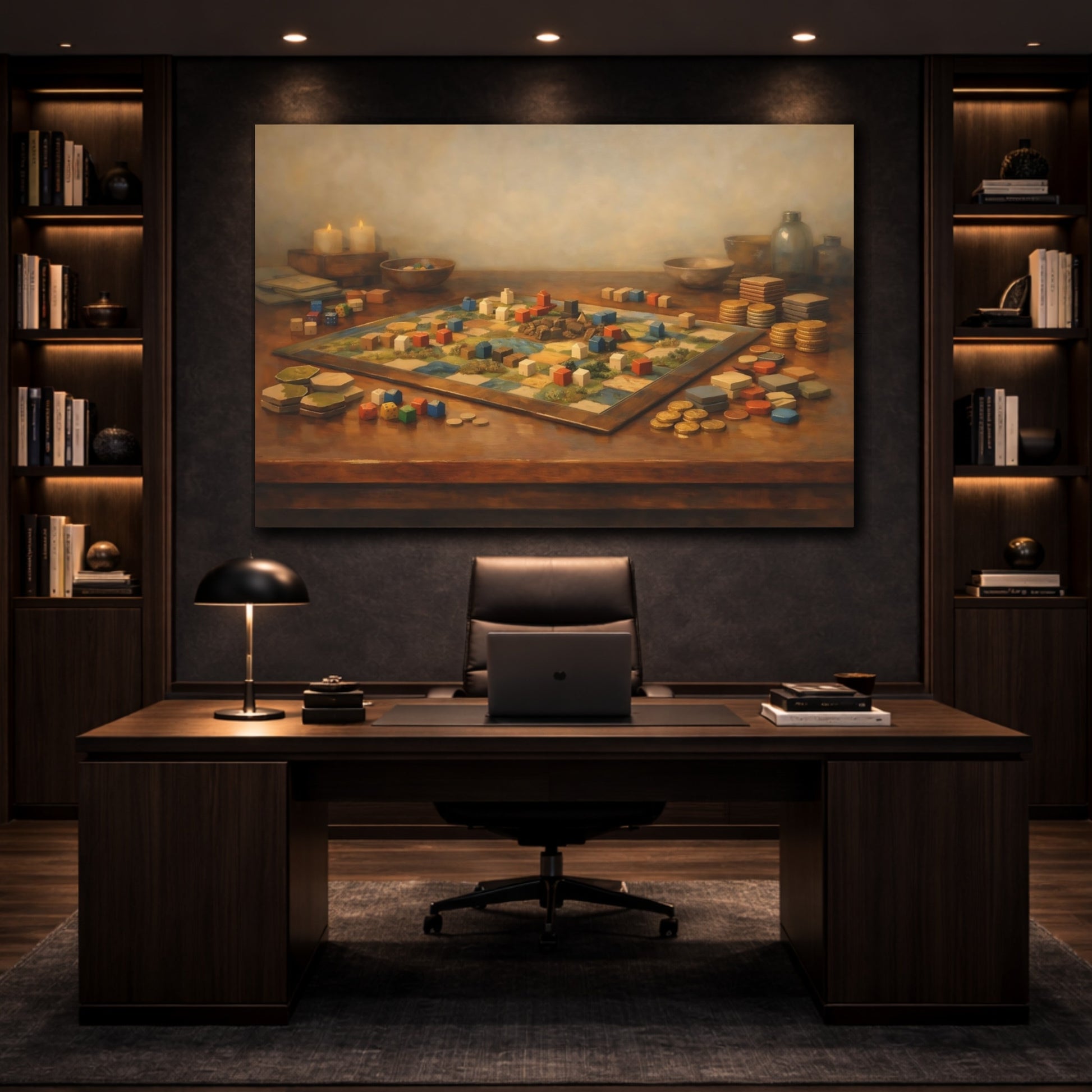 Mockup 4. Contemporary Board Game Table Aesthetic Scene shown as stretched canvas wall art