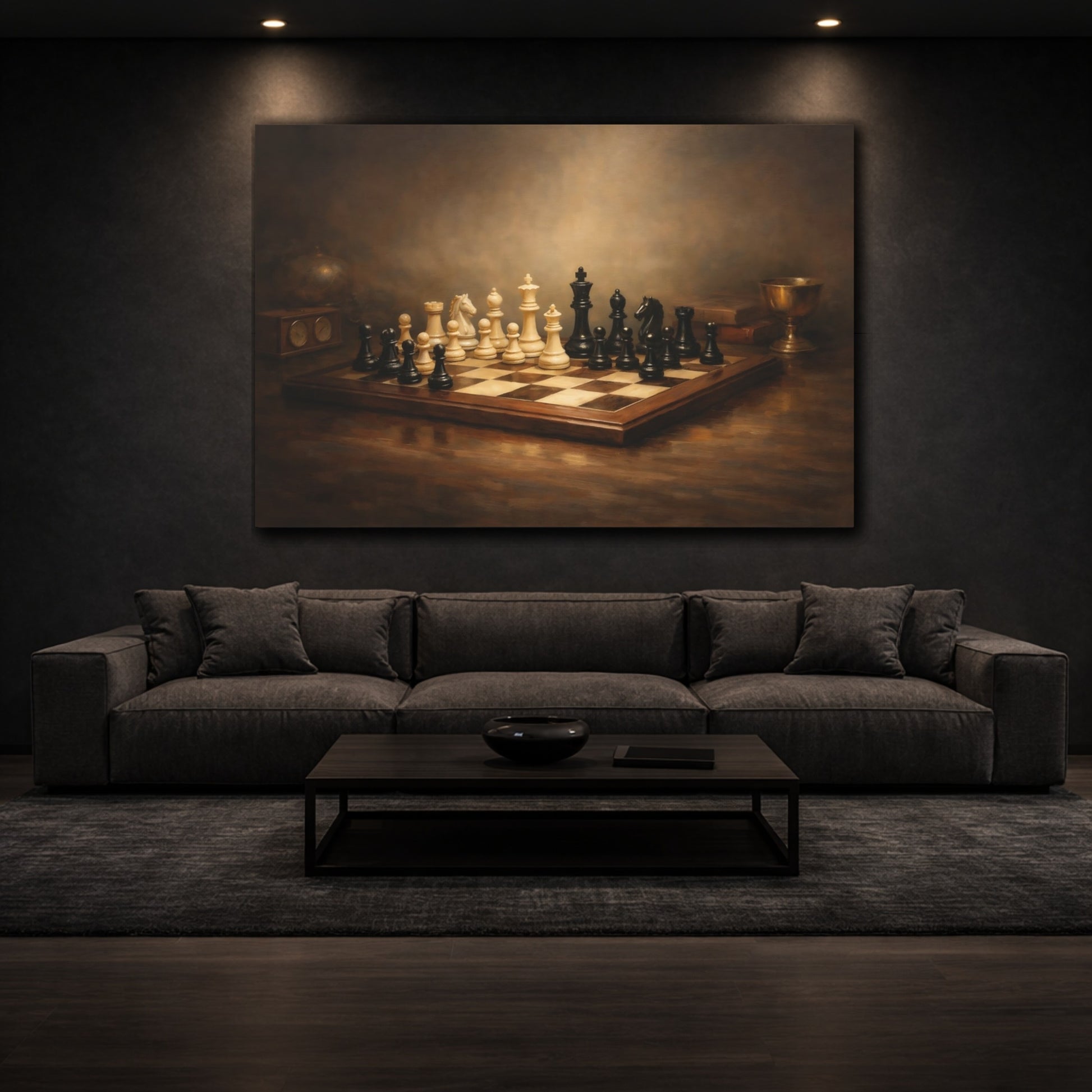 Mockup 2. Contemporary Chess Dramatic Spotlight Composition shown as stretched canvas wall art
