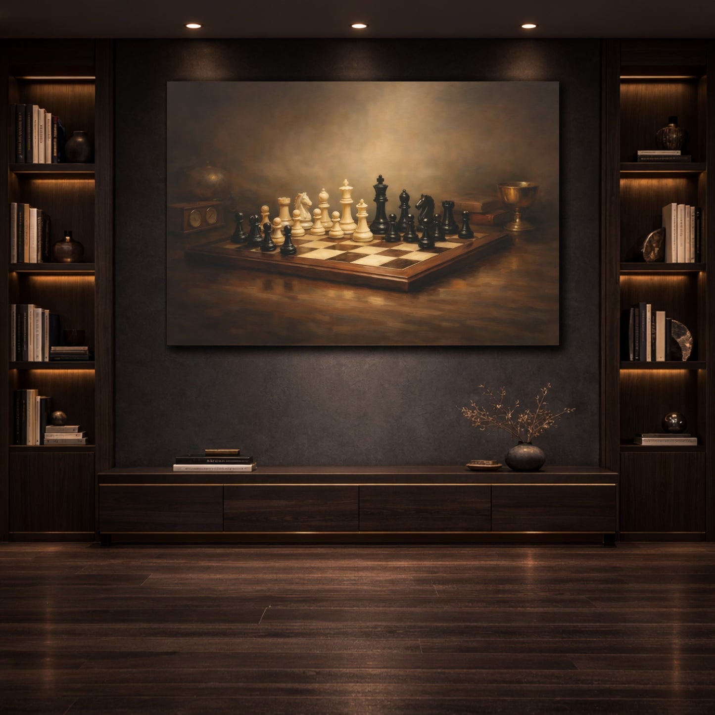 Mockup 3. Contemporary Chess Dramatic Spotlight Composition shown as stretched canvas wall art