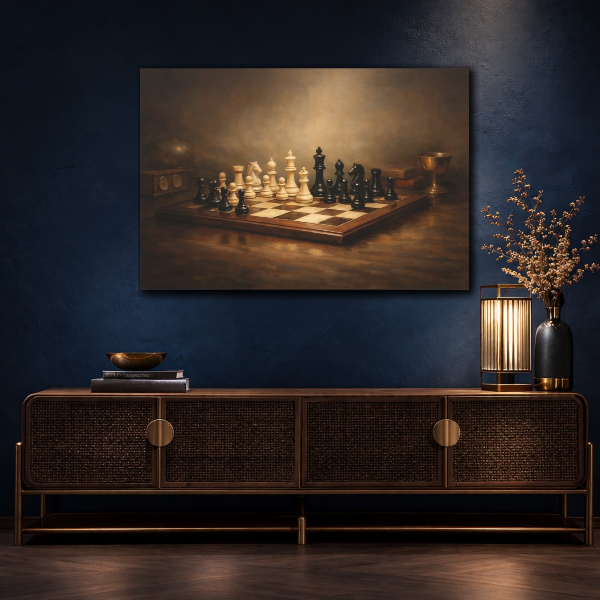 Mockup 4. Contemporary Chess Dramatic Spotlight Composition shown as stretched canvas wall art