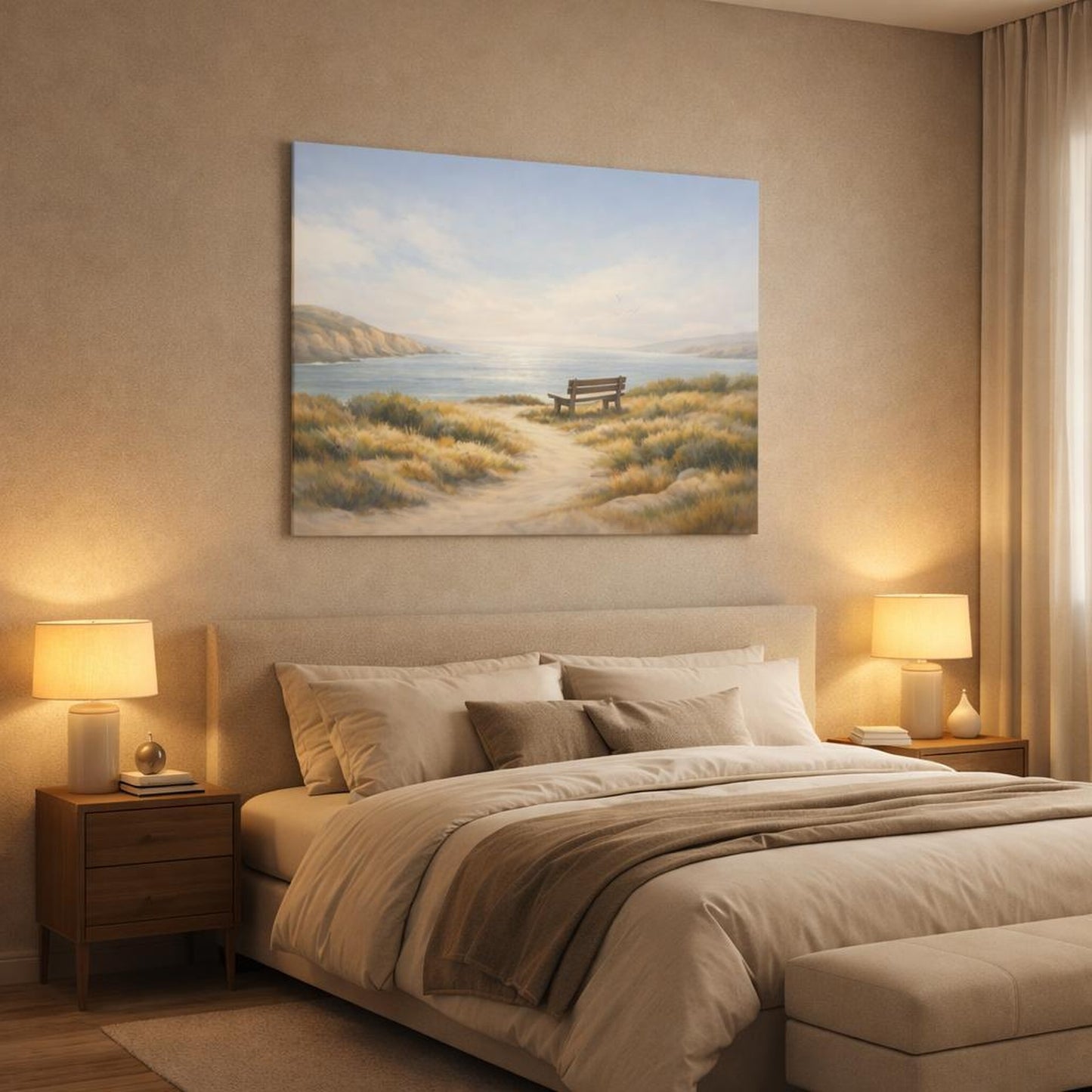 Contemporary Coastal Path shown as canvas wall art in a luxury bedroom