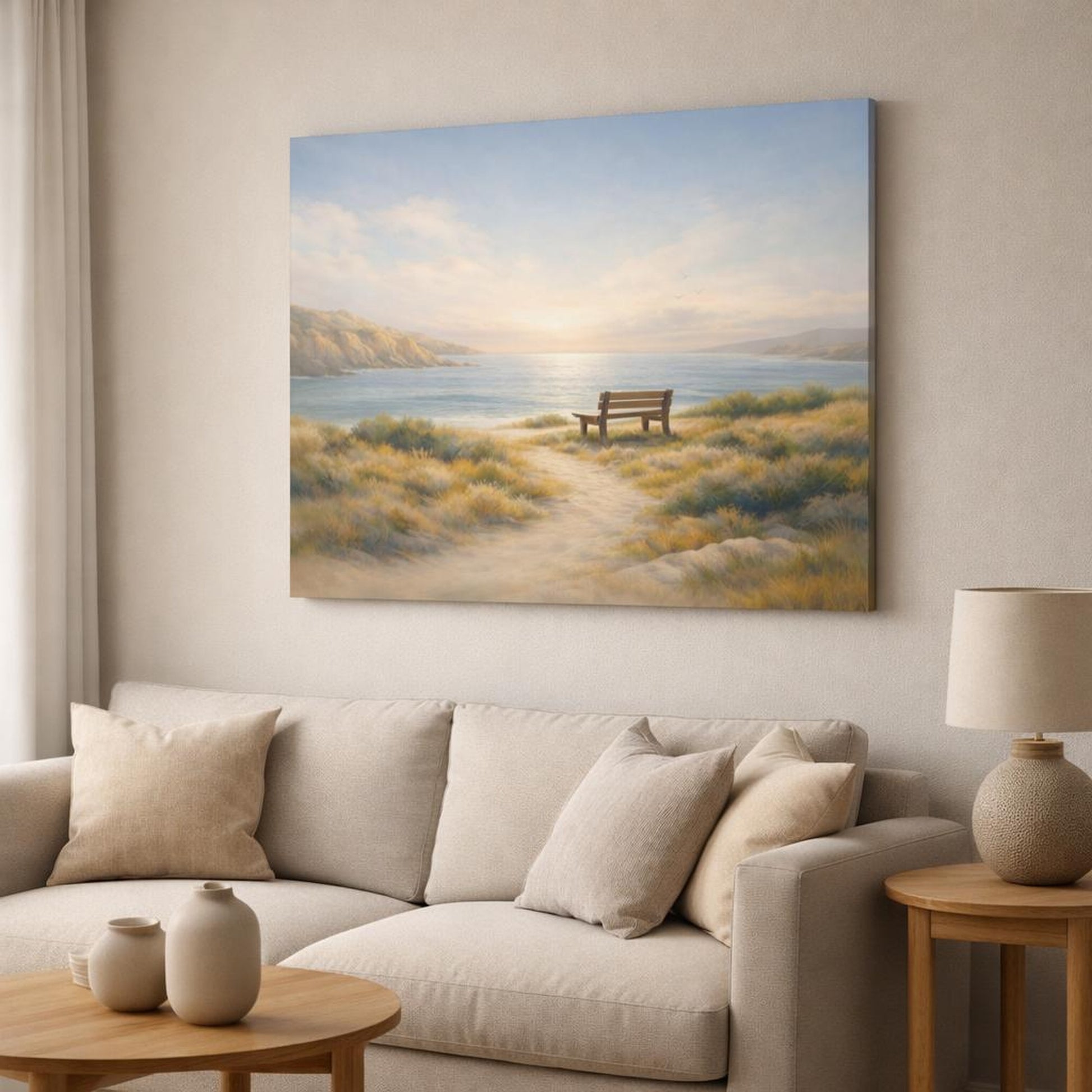 Contemporary Coastal Path shown as canvas wall art in a modern living room