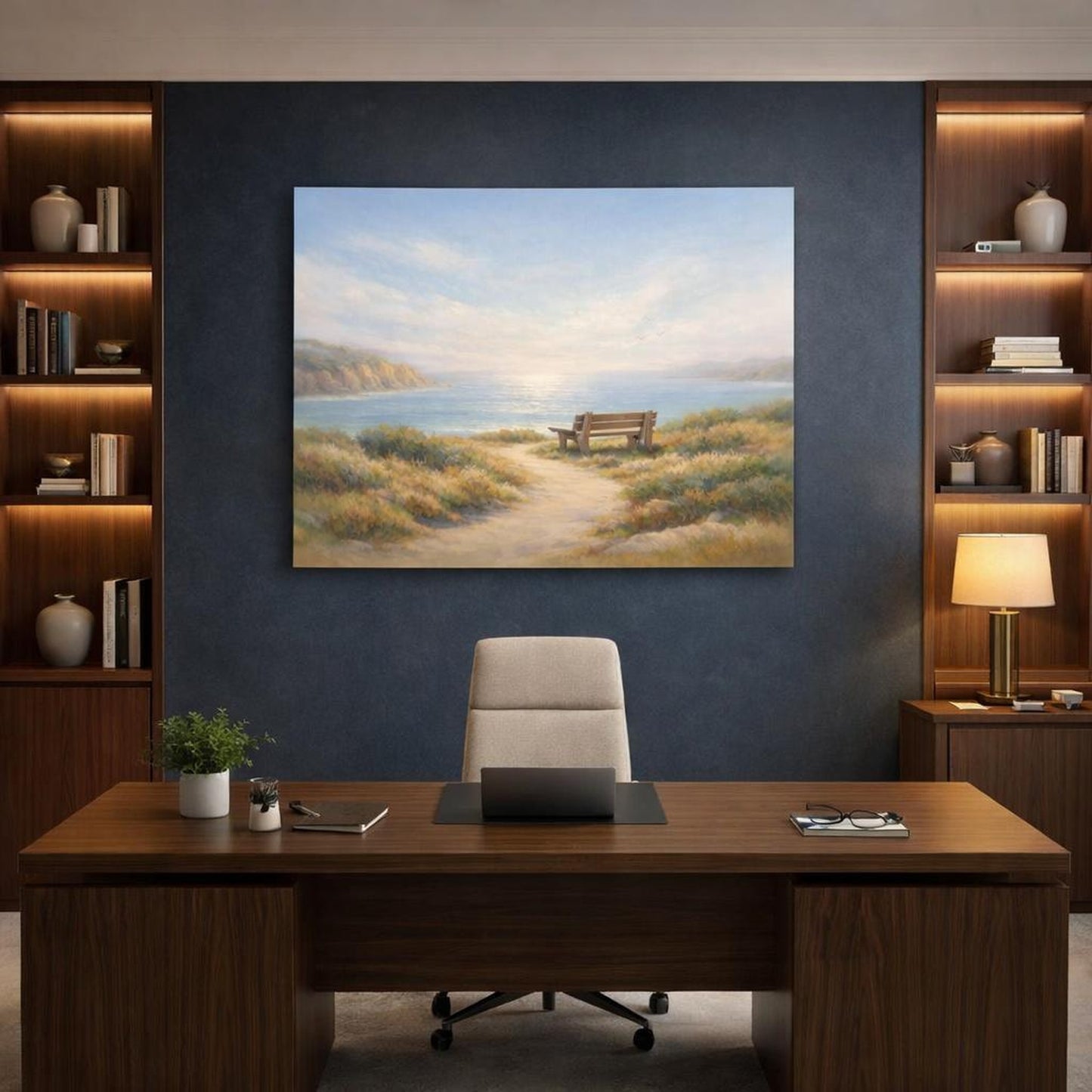 Contemporary Coastal Path shown as canvas wall art in a luxury executive office