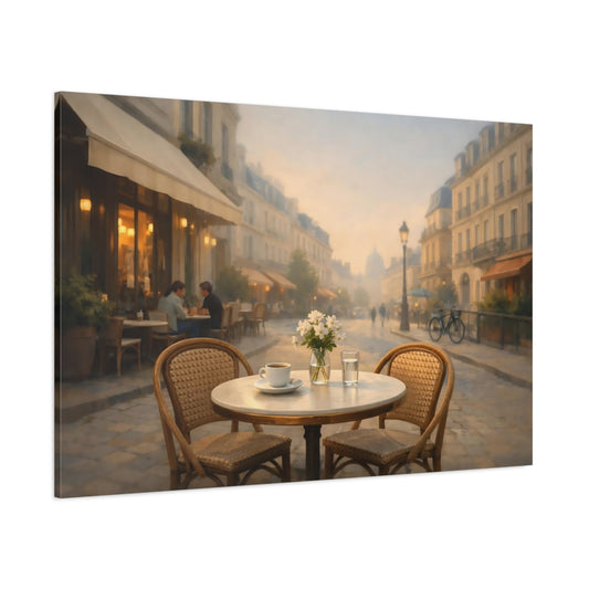 Main Mockup. Contemporary European Cafe Street shown as stretched canvas wall art