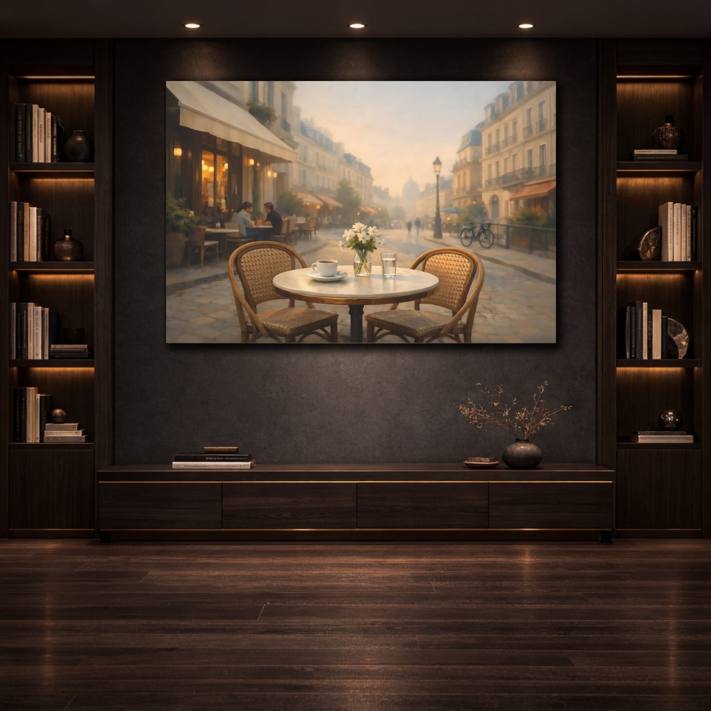 Mockup 2. Contemporary European Cafe Street shown as stretched canvas wall art