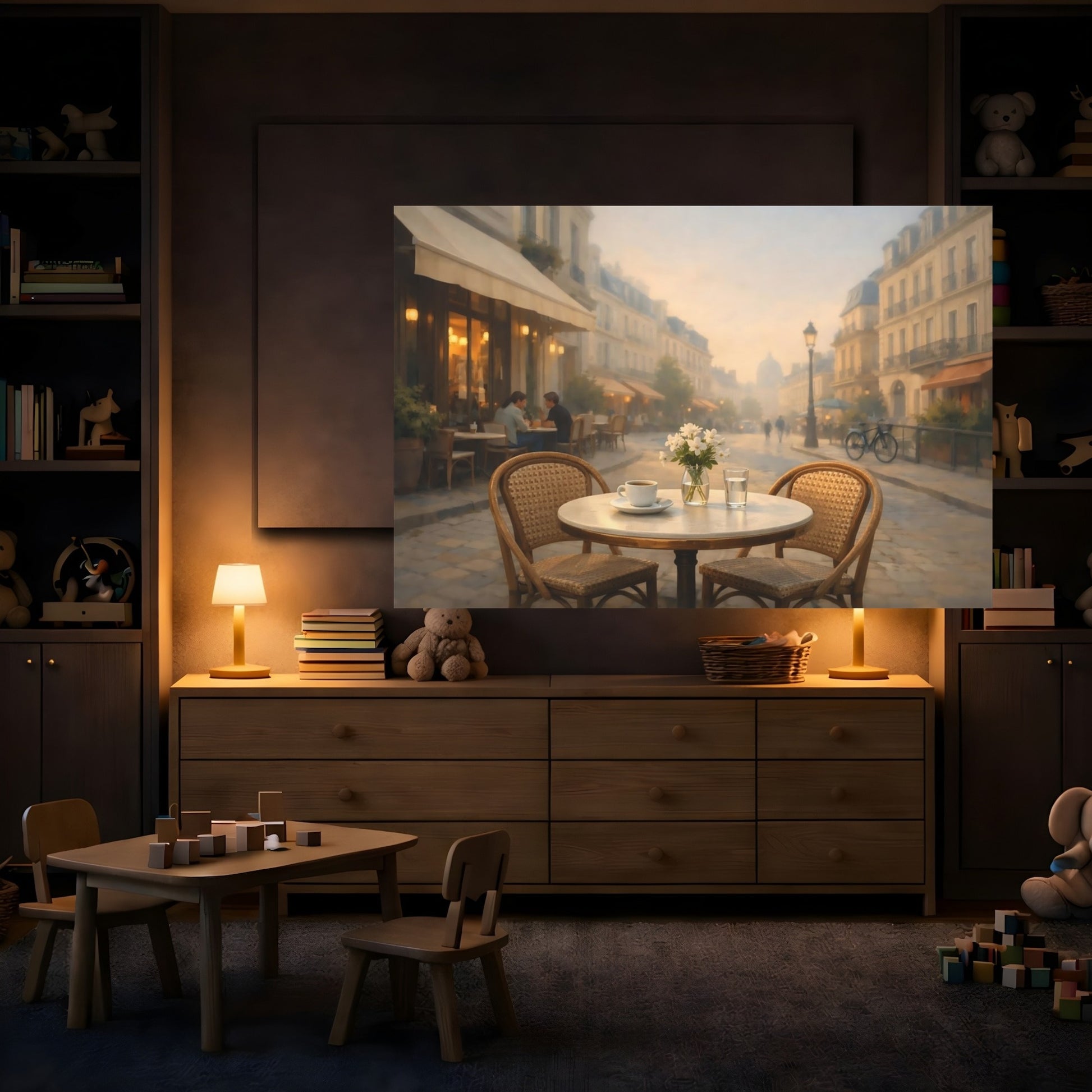 Mockup 3. Contemporary European Cafe Street shown as stretched canvas wall art