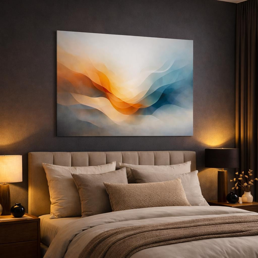 Contemporary Fluid Abstract shown as canvas wall art in a luxury bedroom