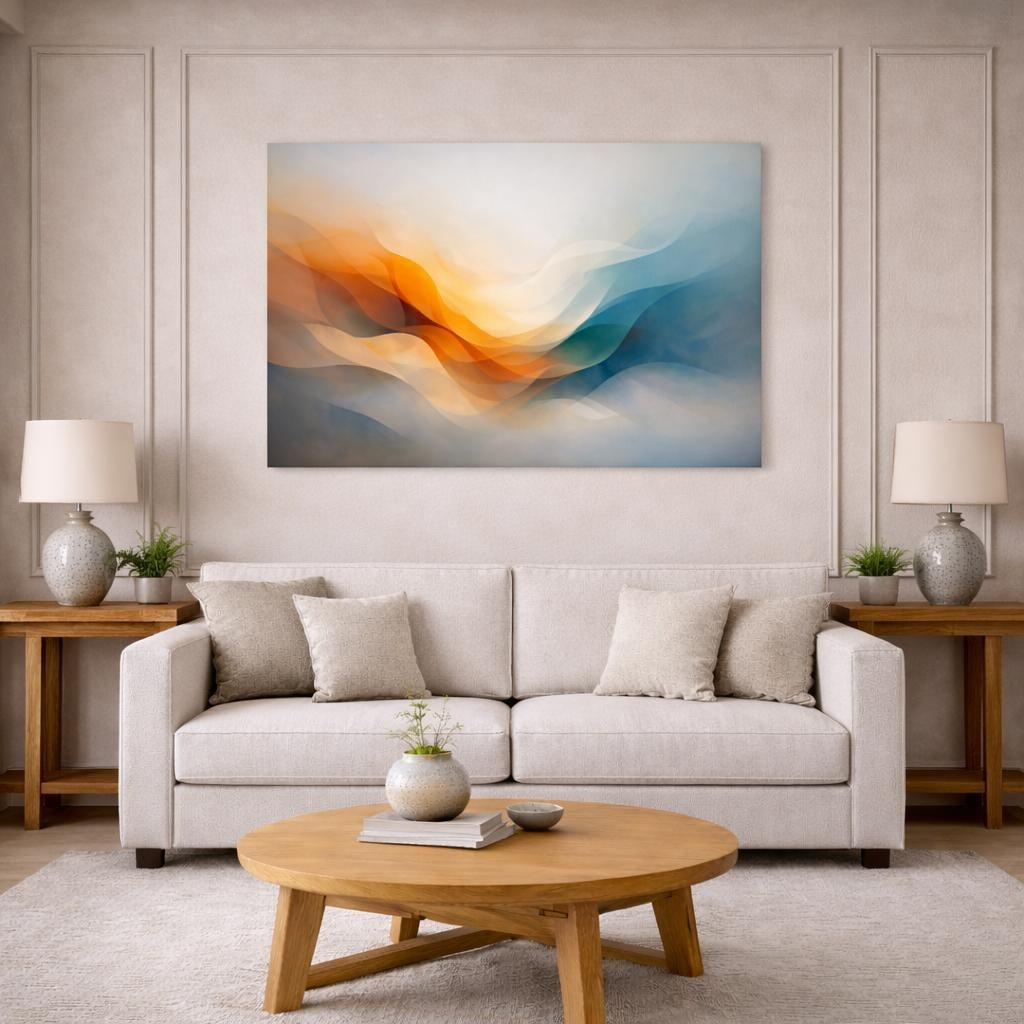 Contemporary Fluid Abstract shown as canvas wall art in a modern living room
