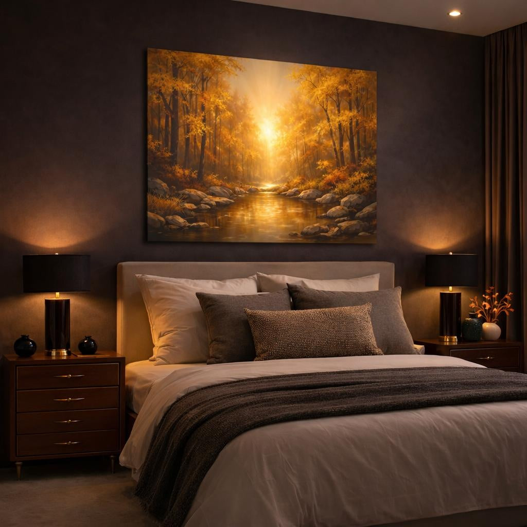 Contemporary Golden Forest shown as canvas wall art in a luxury bedroom