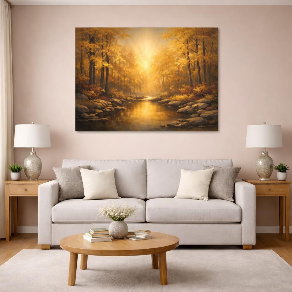 Contemporary Golden Forest shown as canvas wall art in a modern living room