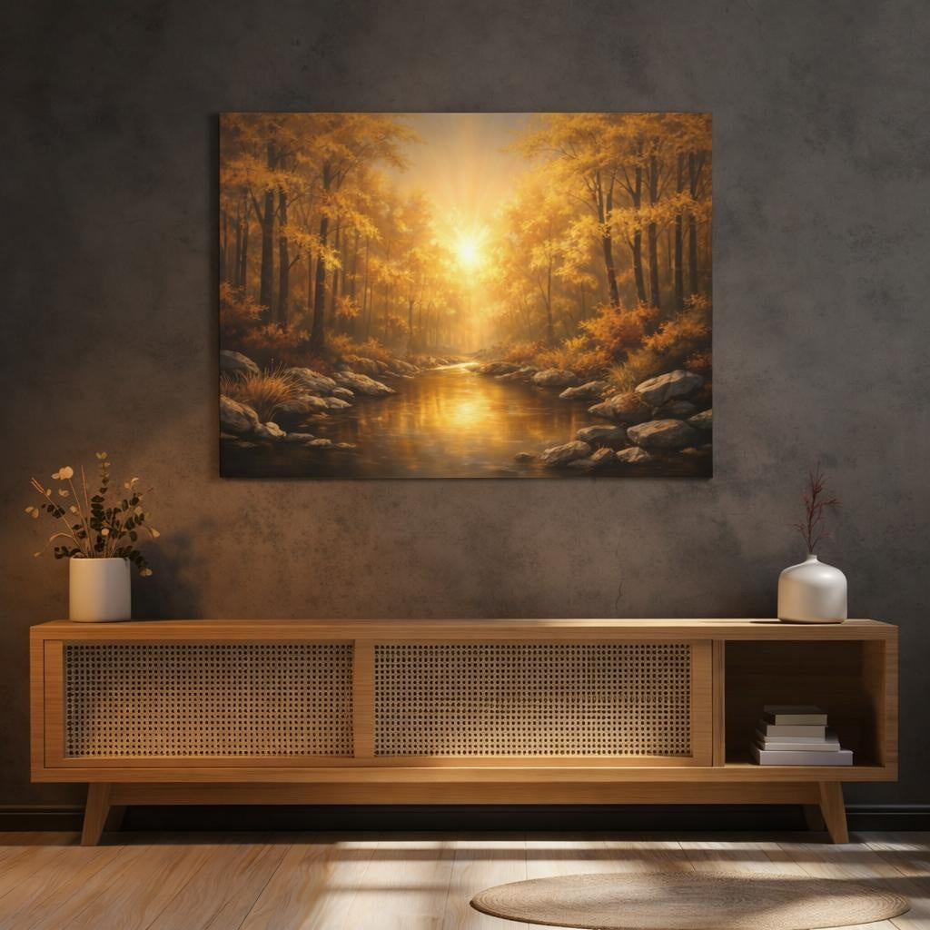 Contemporary Golden Forest shown as canvas wall art in a refined dining room