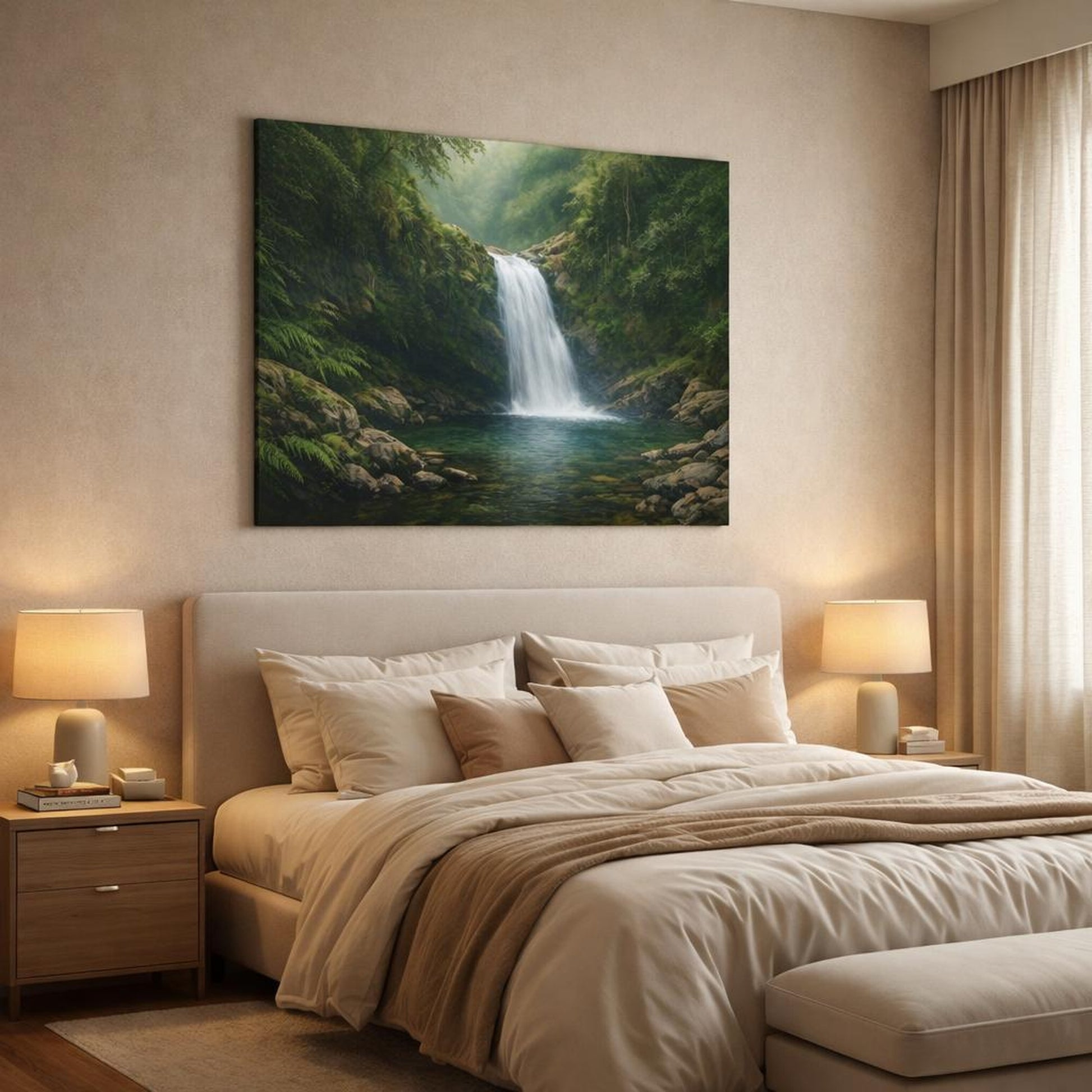 Contemporary Hidden Waterfall shown as canvas wall art in a luxury bedroom