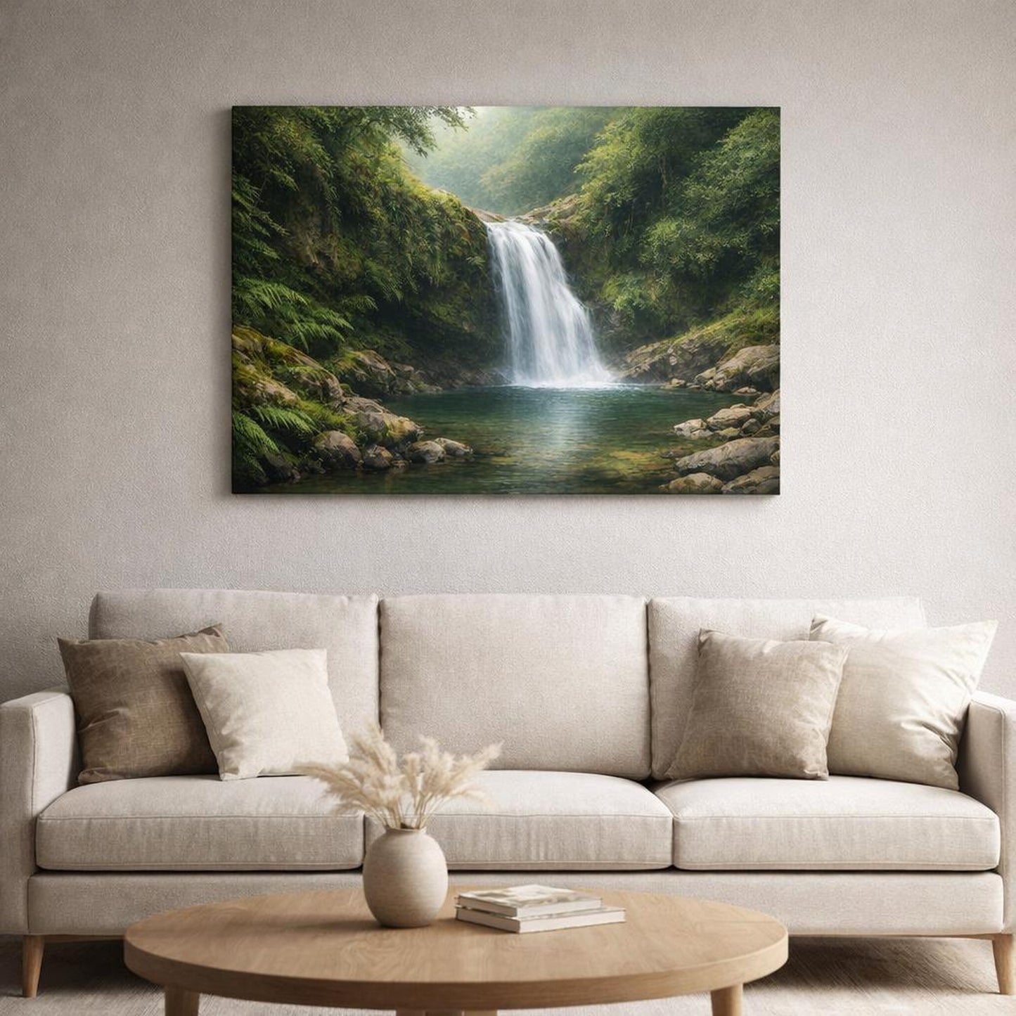 Contemporary Hidden Waterfall shown as canvas wall art in a refined dining room