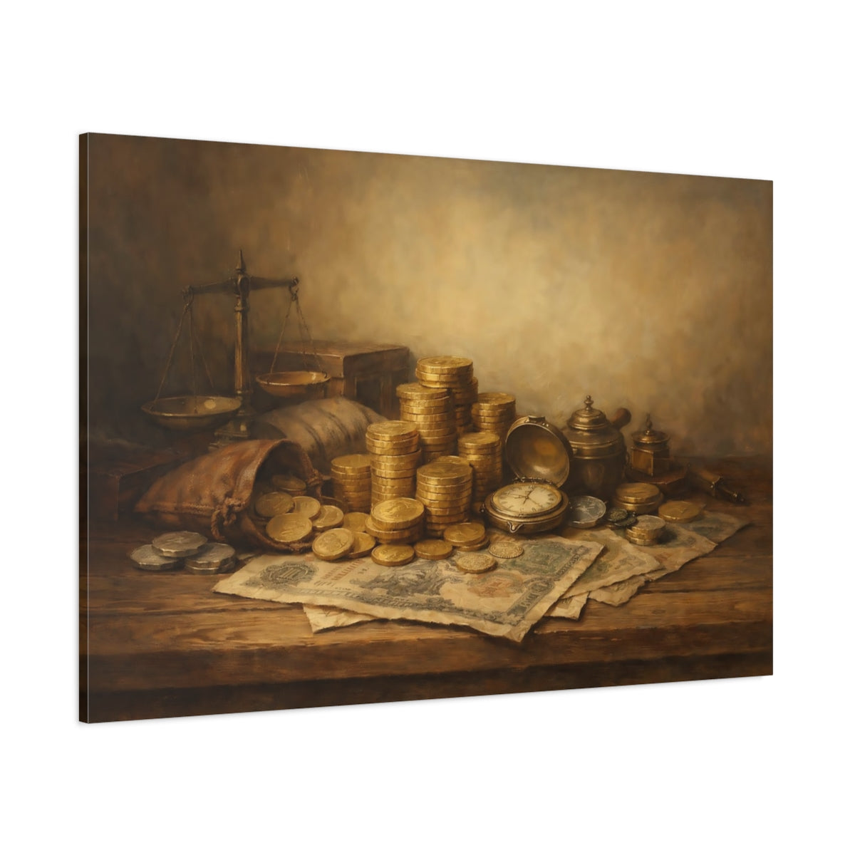 Main Mockup. Contemporary Historical Currency Display Scene shown as stretched canvas wall art
