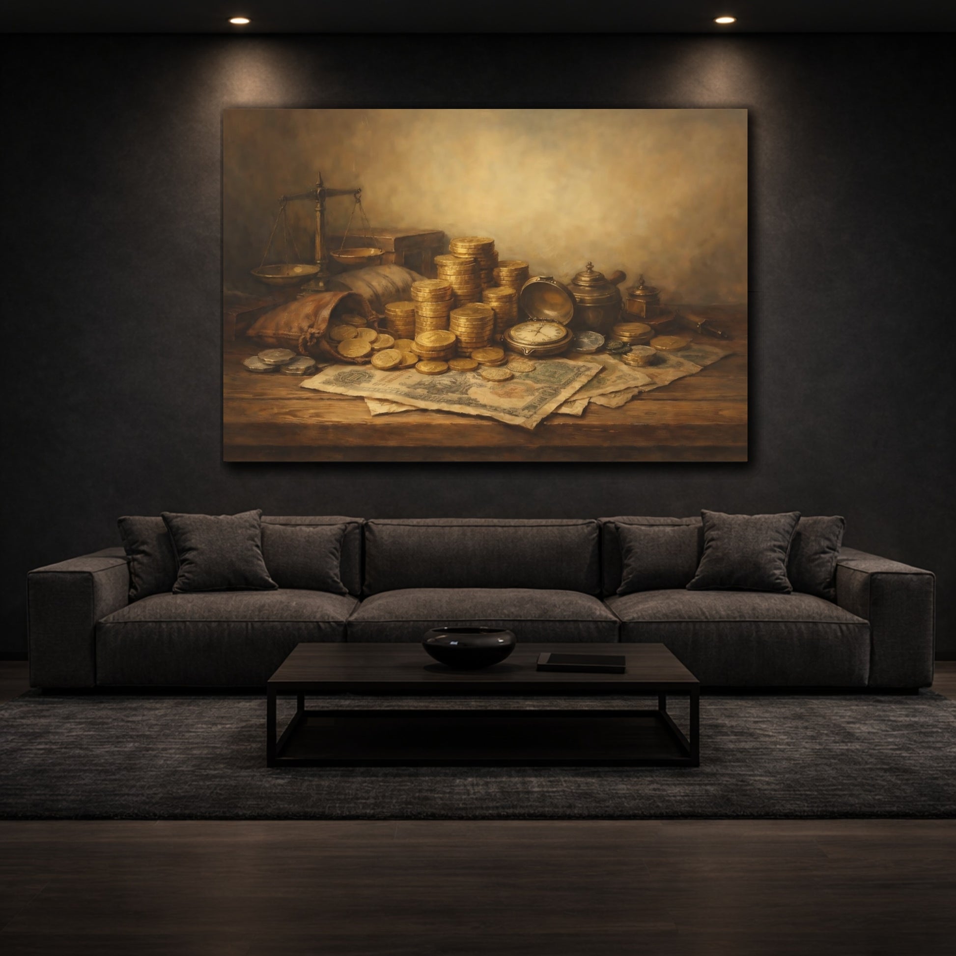 Mockup 2. Contemporary Historical Currency Display Scene shown as stretched canvas wall art