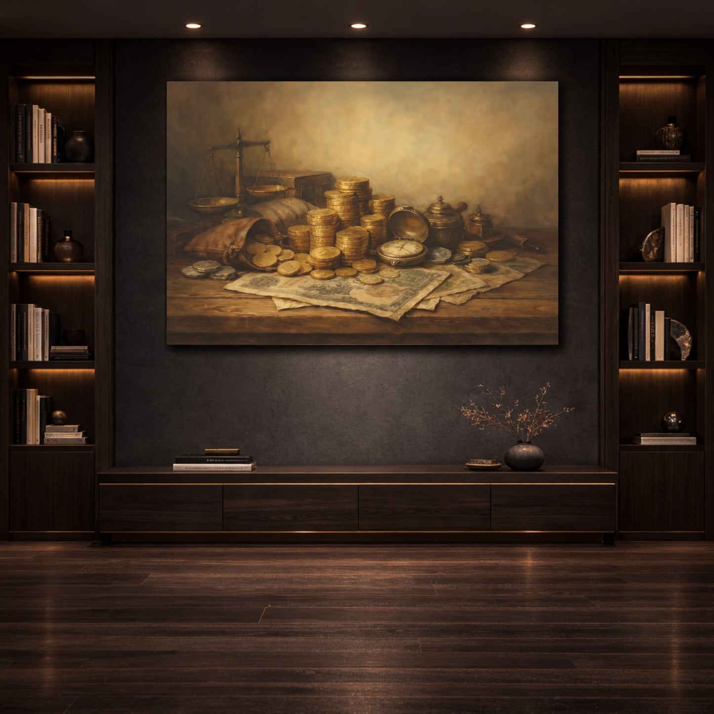Mockup 3. Contemporary Historical Currency Display Scene shown as stretched canvas wall art