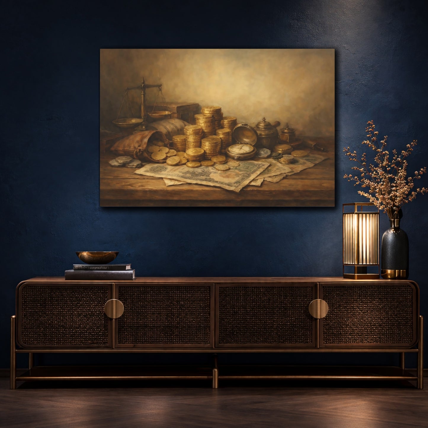 Mockup 4. Contemporary Historical Currency Display Scene shown as stretched canvas wall art