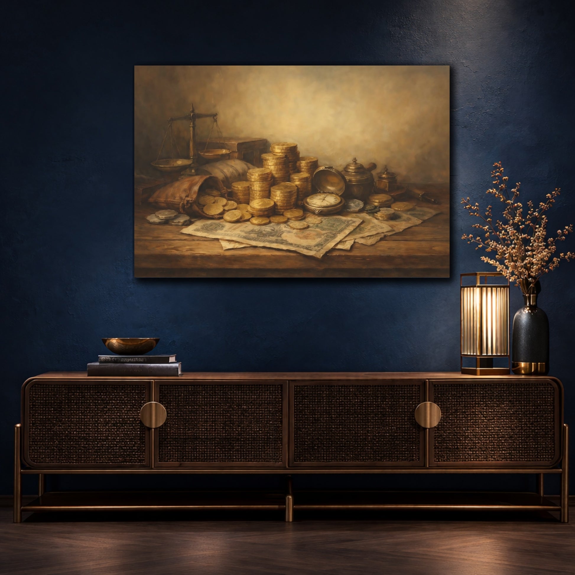Mockup 4. Contemporary Historical Currency Display Scene shown as stretched canvas wall art